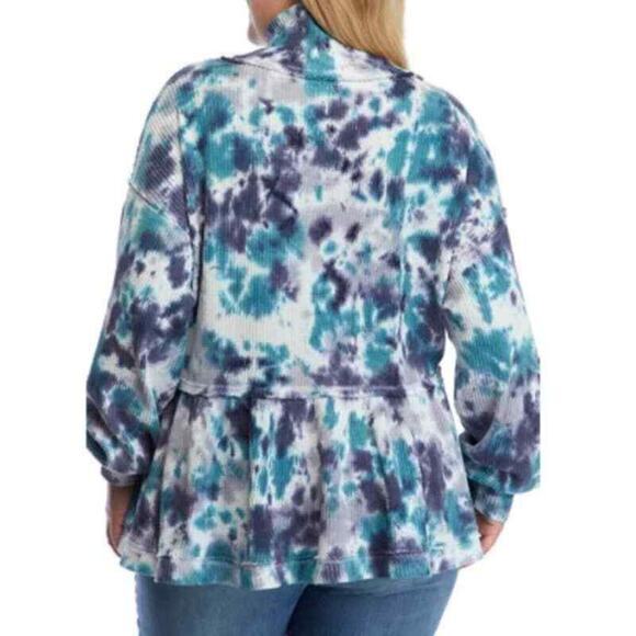 NEW Waffle Knit Pullover Top Shirt 12W 0X Peplum Mock Neck Blue White Tie Dye - Picture 2 of 8